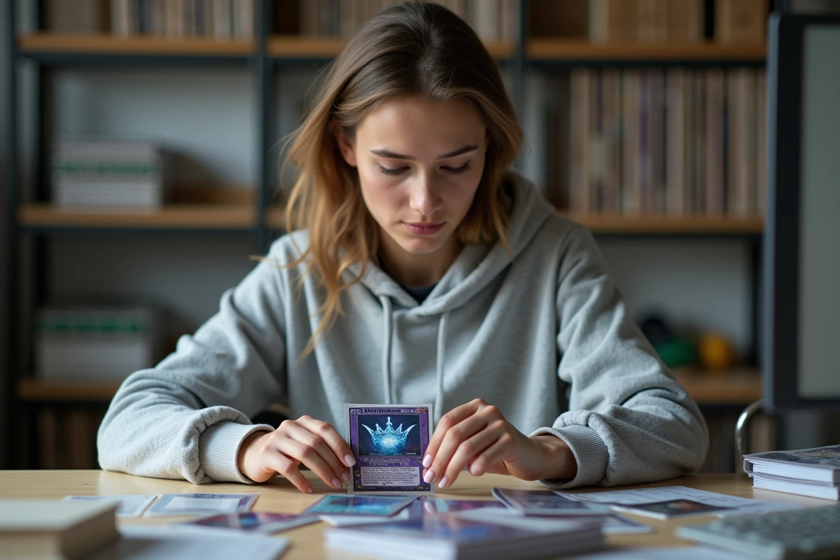 Jeune femme insérant une carte Couronne Stellaire dans un boîtier de protection rigide pour la préserver et la grader