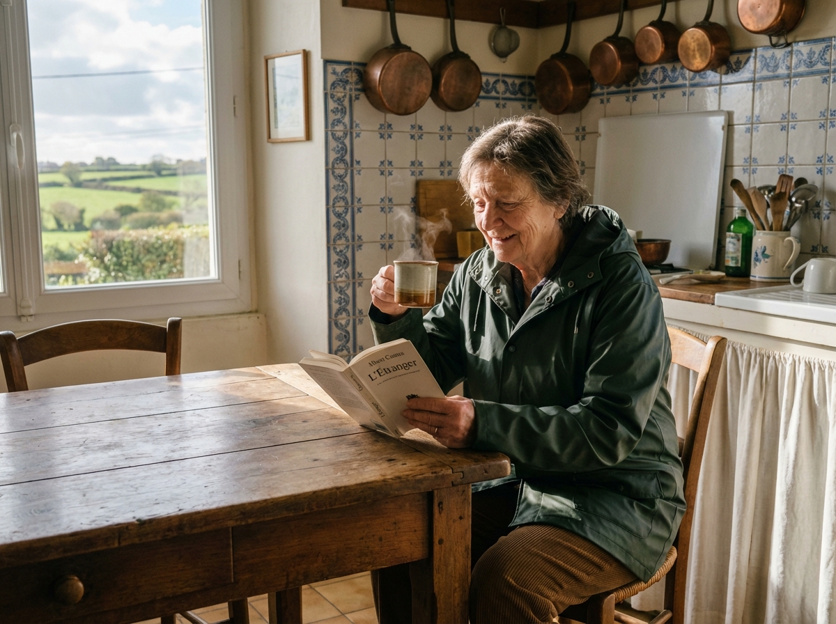 Femme âgée dégustant un thé dans une cuisine bretonne chaleureuse