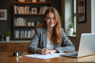 Jeune femme signant des documents dans un appartement cosy