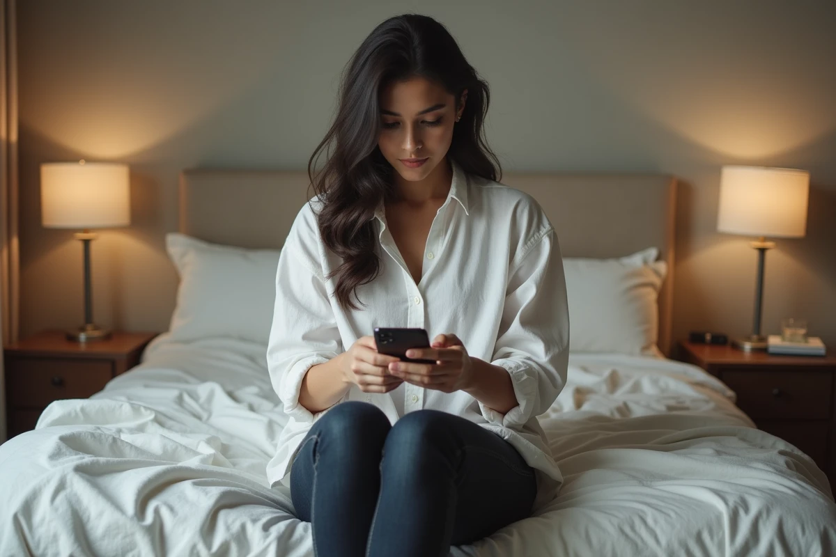 Femme pensive avec smartphone dans une chambre, évoquant une rupture sentimentale ou une crise de couple
