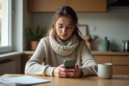Jeune femme française utilisant son smartphone dans la cuisine