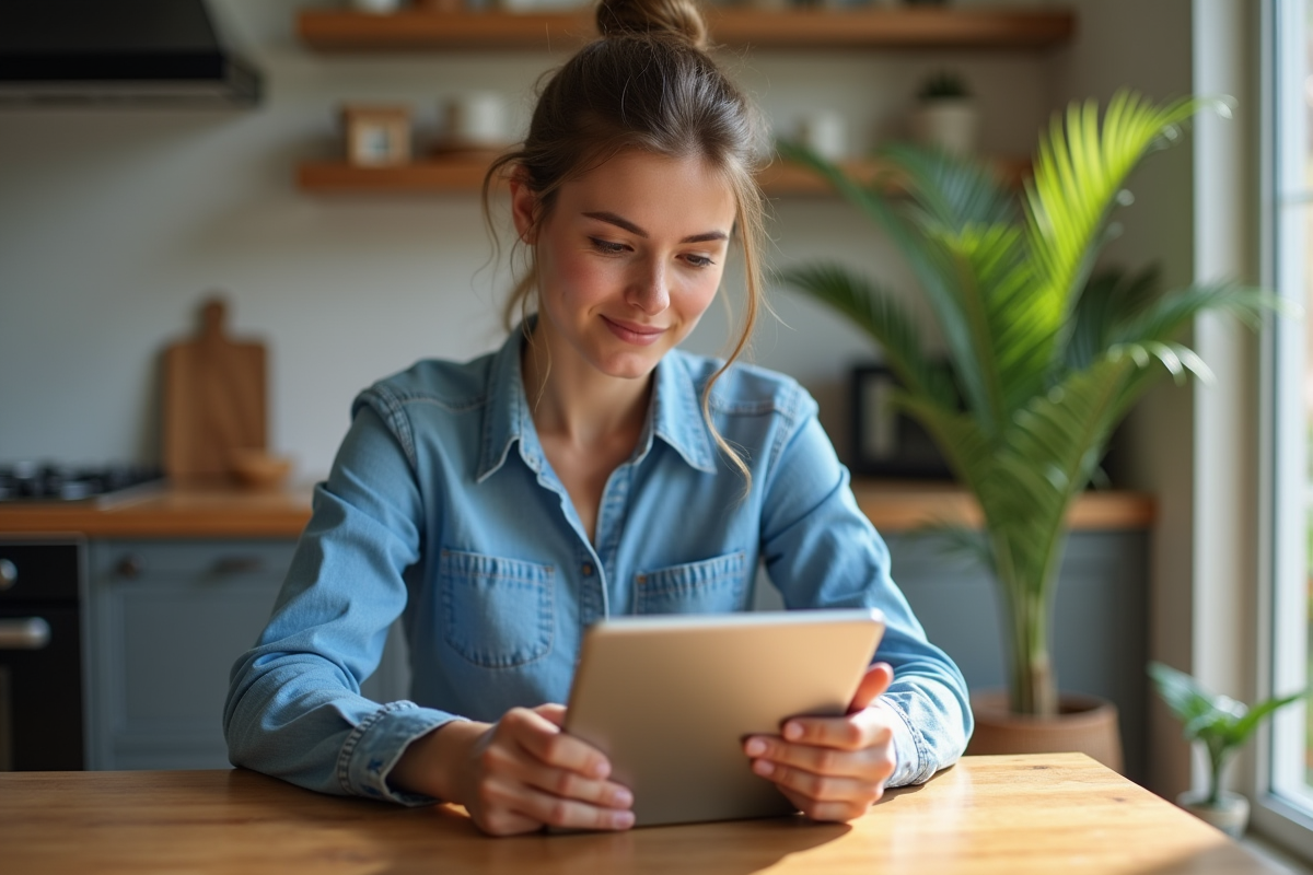 Jeune femme compare deux tablettes dans sa cuisine
