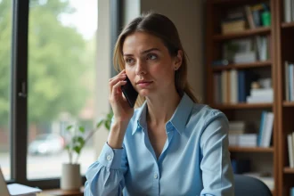 Femme en télétravail contactant Pôle emploi par téléphone depuis son bureau à domicile