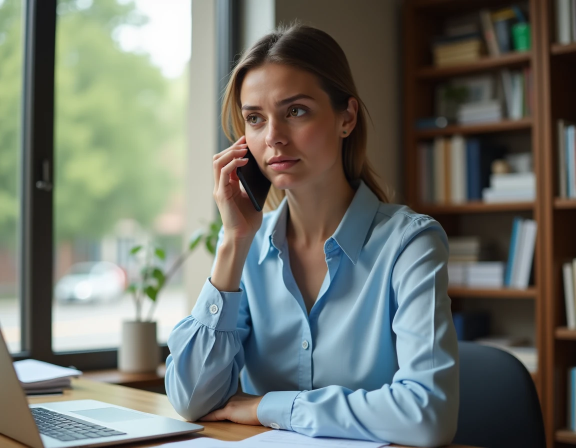 Femme en télétravail contactant Pôle emploi par téléphone depuis son bureau à domicile