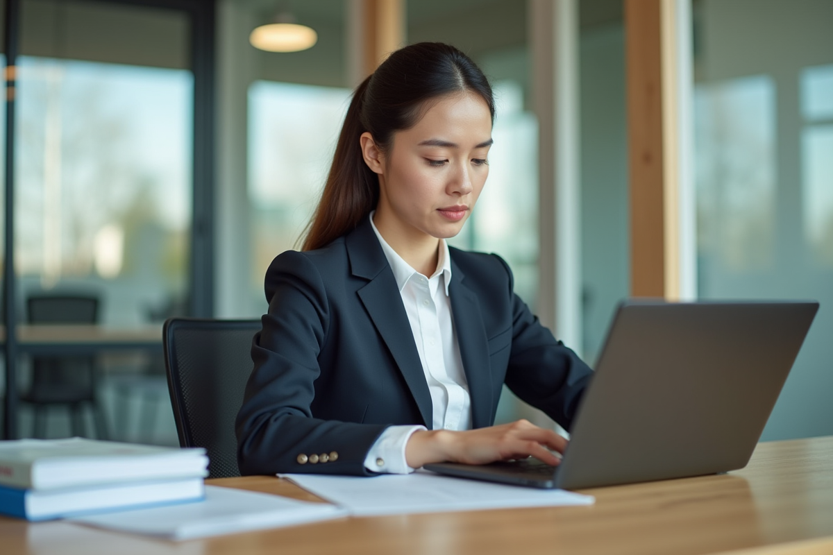 Jeune femme professionnelle recherchant assurance auto sur ordinateur