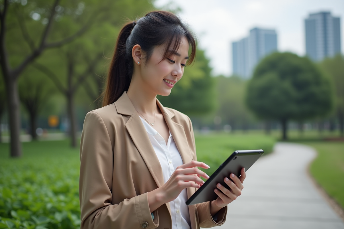 Jeune femme lisant des graphiques ESG en plein air