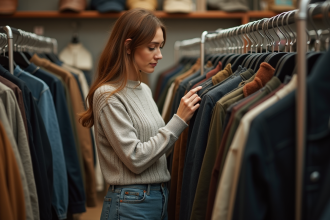 Femme en pull et jeans parcourant des vestes d'occasion