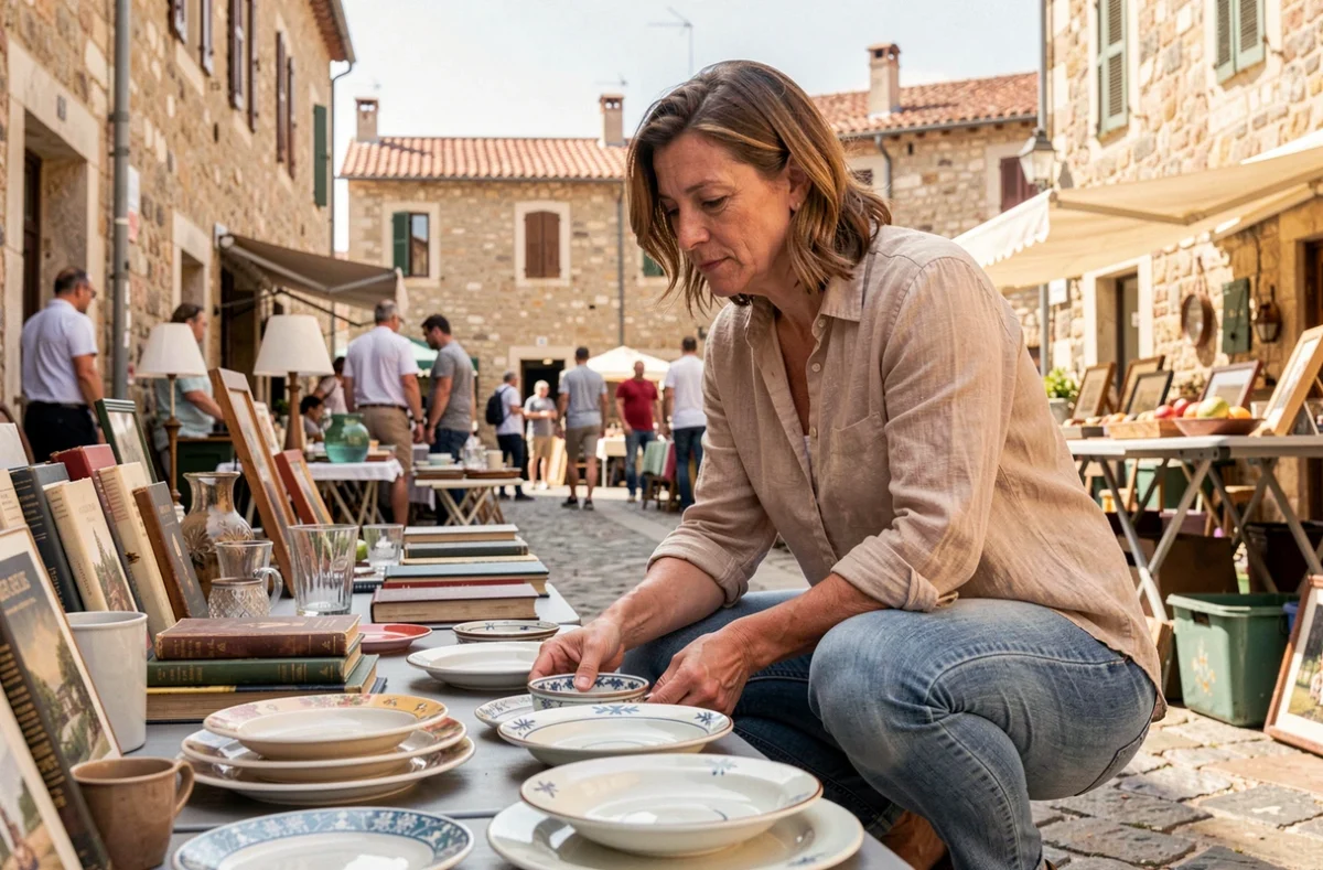 Femme fouillant des céramiques vintage sur un vide grenier en plein air dans les Alpes-Maritimes