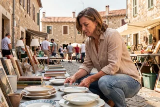 Femme fouillant des céramiques vintage sur un vide grenier en plein air dans les Alpes-Maritimes
