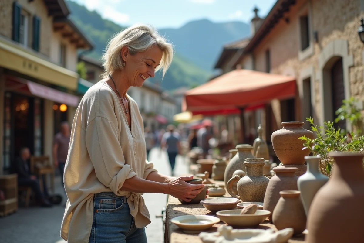 Femme parcourant les objets vintage lors d'un vide grenier en plein air dans un village de Savoie, avec des montagnes en arrière-plan