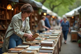 Femme examine livres anciens lors d'une brocante en Bretagne