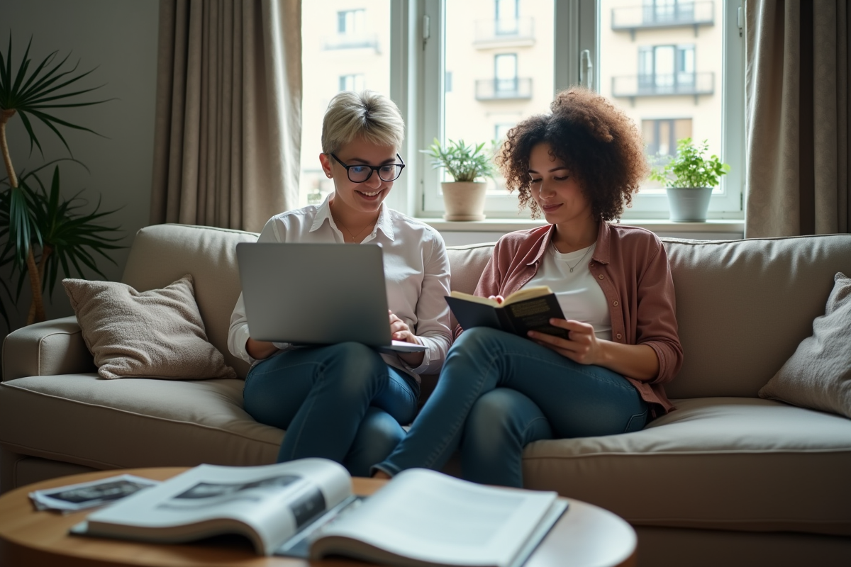 Deux femmes lisant et travaillant sur un canapé dans un salon cosy