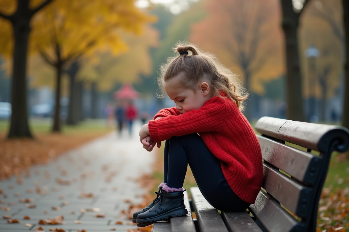 Fille de 7 ans assise seule sur un banc de parc
