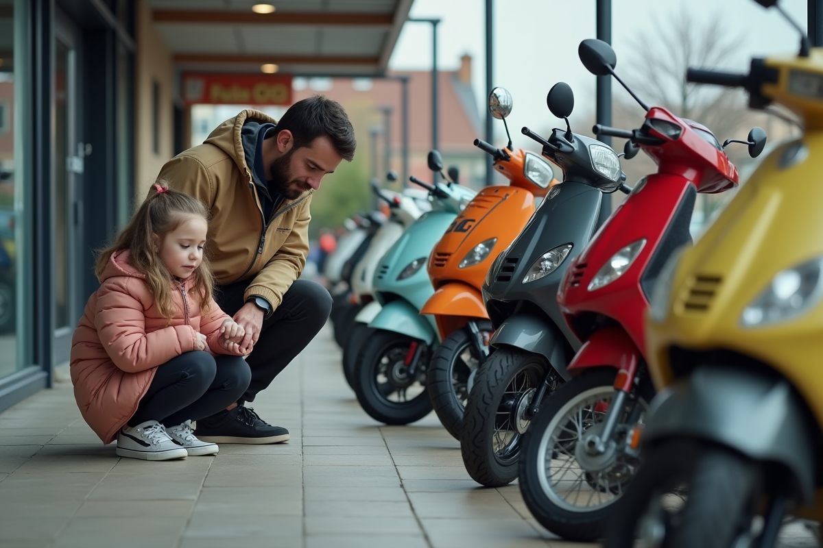Fille et adulte inspectent des motos 50cc devant un concessionnaire