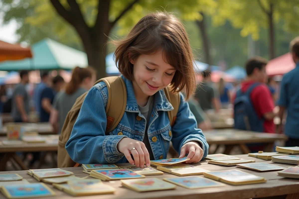 Adolescente trie des cartes Pokémon sur un stand de marché