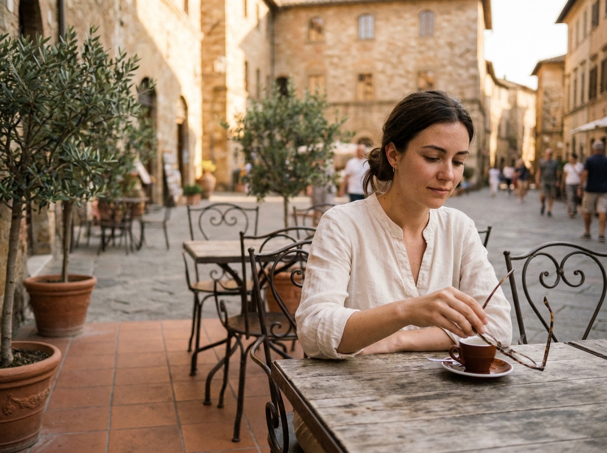 Jeune femme retirant ses lunettes sur une terrasse de café en fin de journée