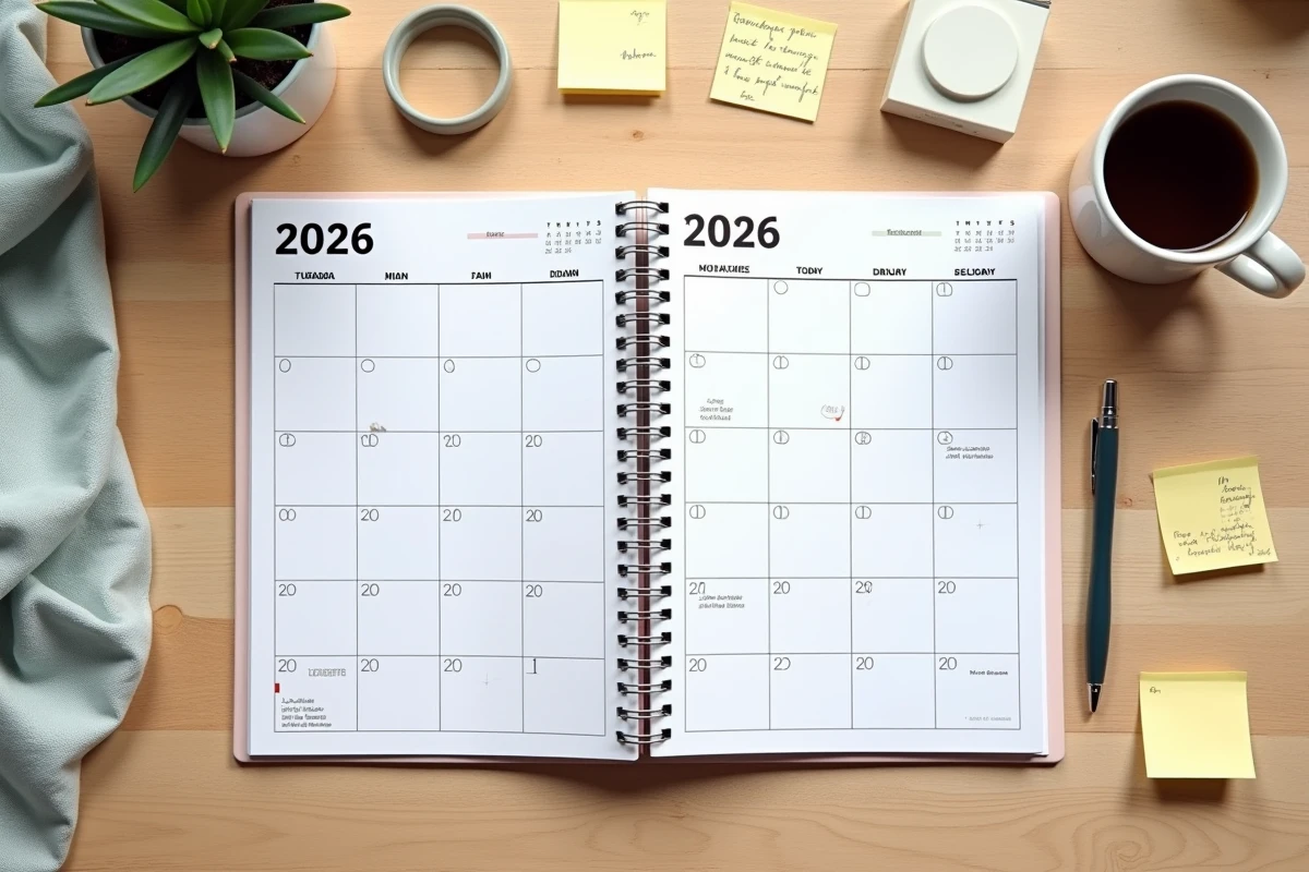 Vue de dessus d'un calendrier imprimé 2026 à spirale sur un bureau en bois avec café et notes manuscrites pour une organisation sereine