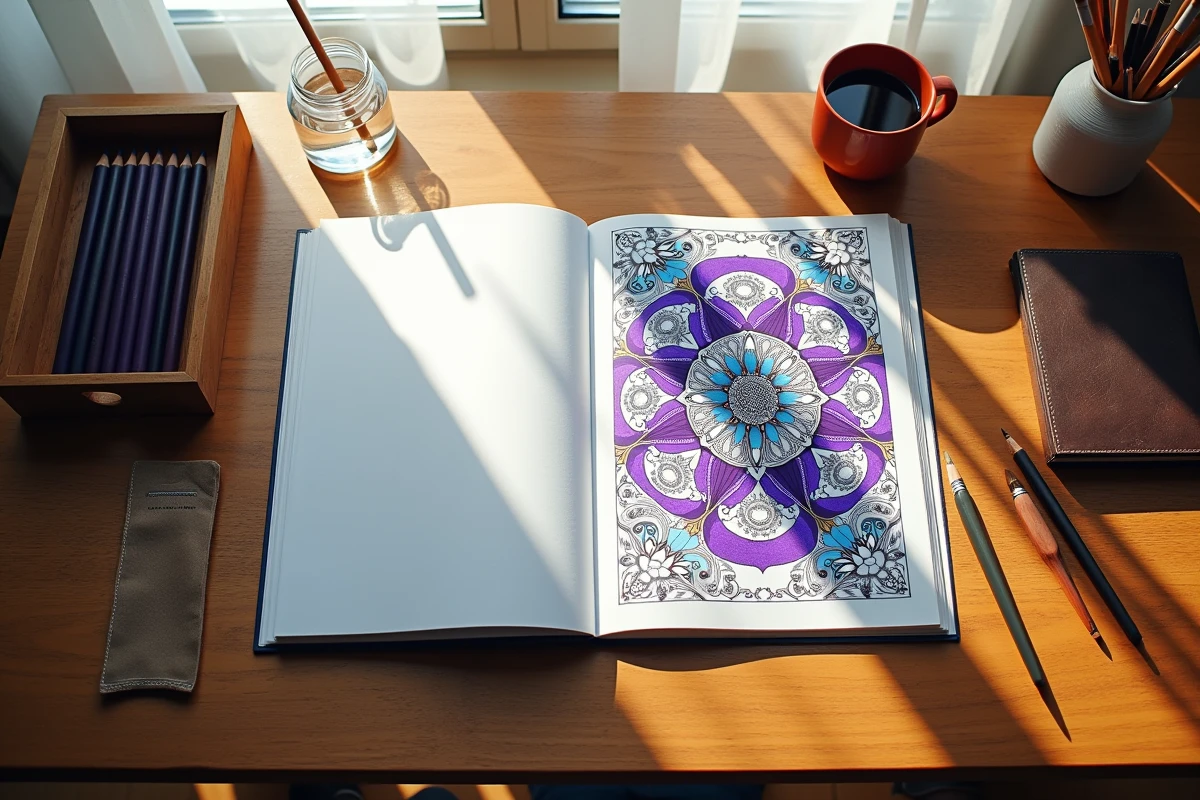 Vue de dessus d'un livre de coloriage Dragon Ball adulte ouvert avec crayons aquarelle et café
