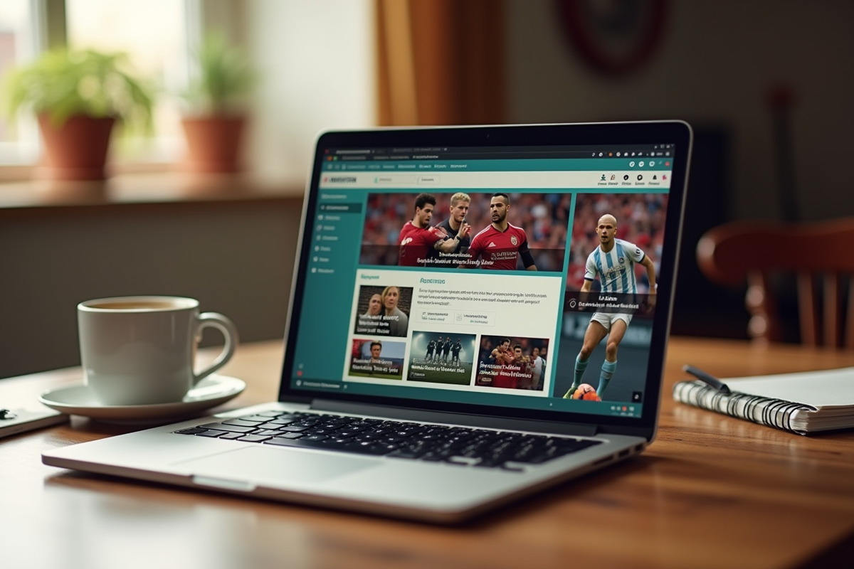 Discussion sur un forum football avec cafe et ordinateur