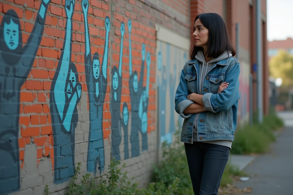 Femme contemplant une fresque militante sur un mur de briques dans un espace urbain populaire, symbolisant l'engagement pour les droits sociaux