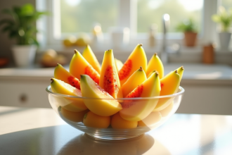 Tranches de fruit en V dans un bol sur plan de travail lumineux