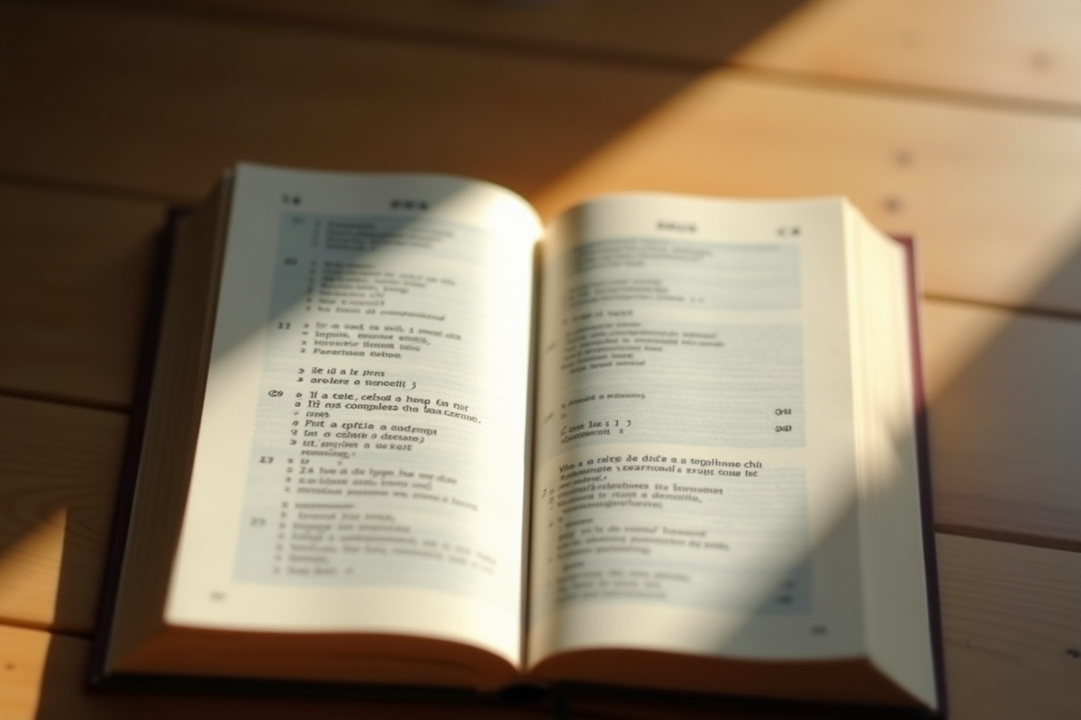 Livre de grammaire française ouvert sur un bureau ensoleille avec focus sur 'il a pris' et 'il a prit'
