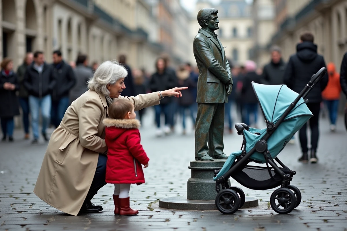 Grand-mère montrant la statue du Manneken-Pis à une petite fille en poussette à Bruxelles