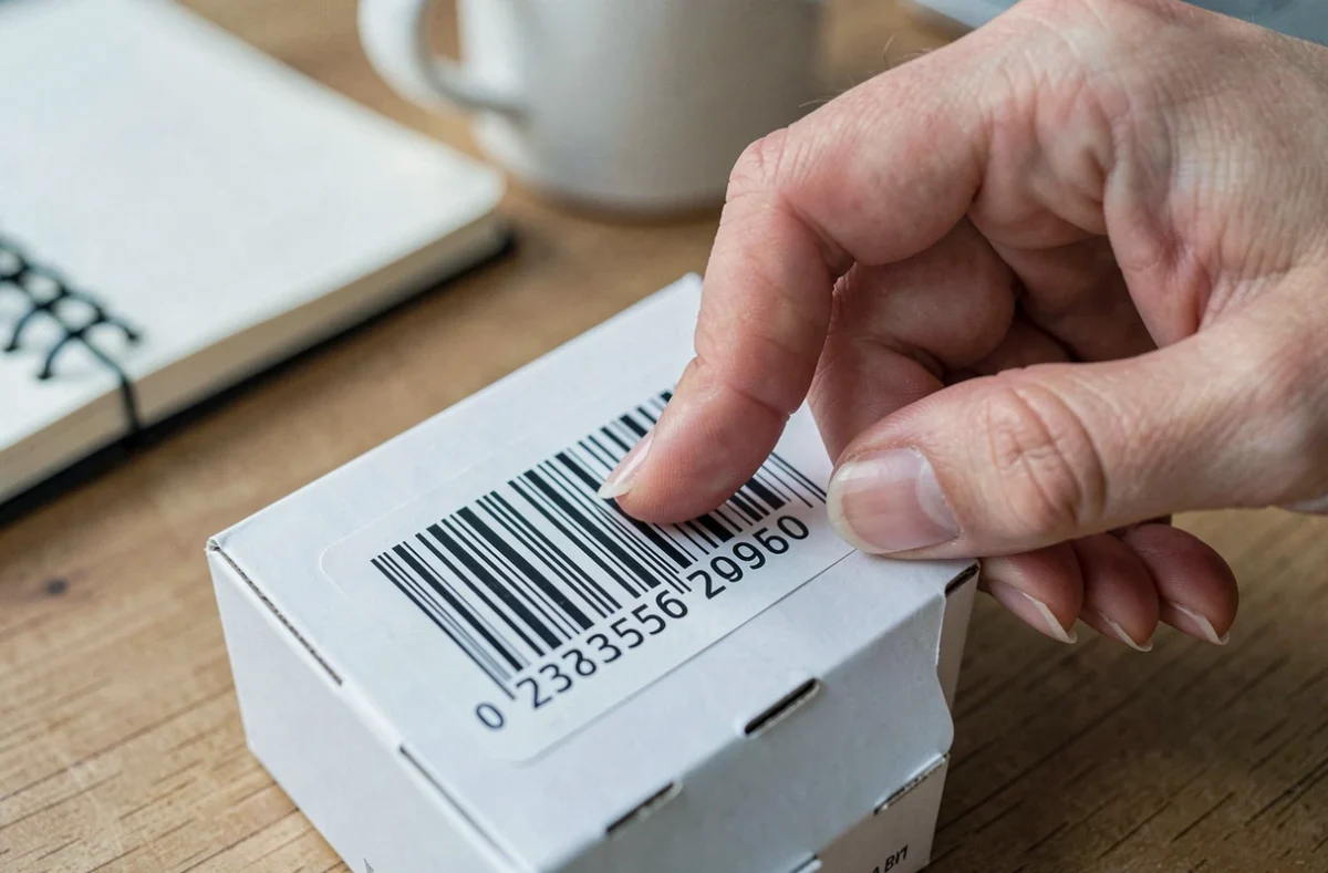 Gros plan d'un doigt pointant les chiffres du code à barres pays sur un emballage produit posé sur une table en bois