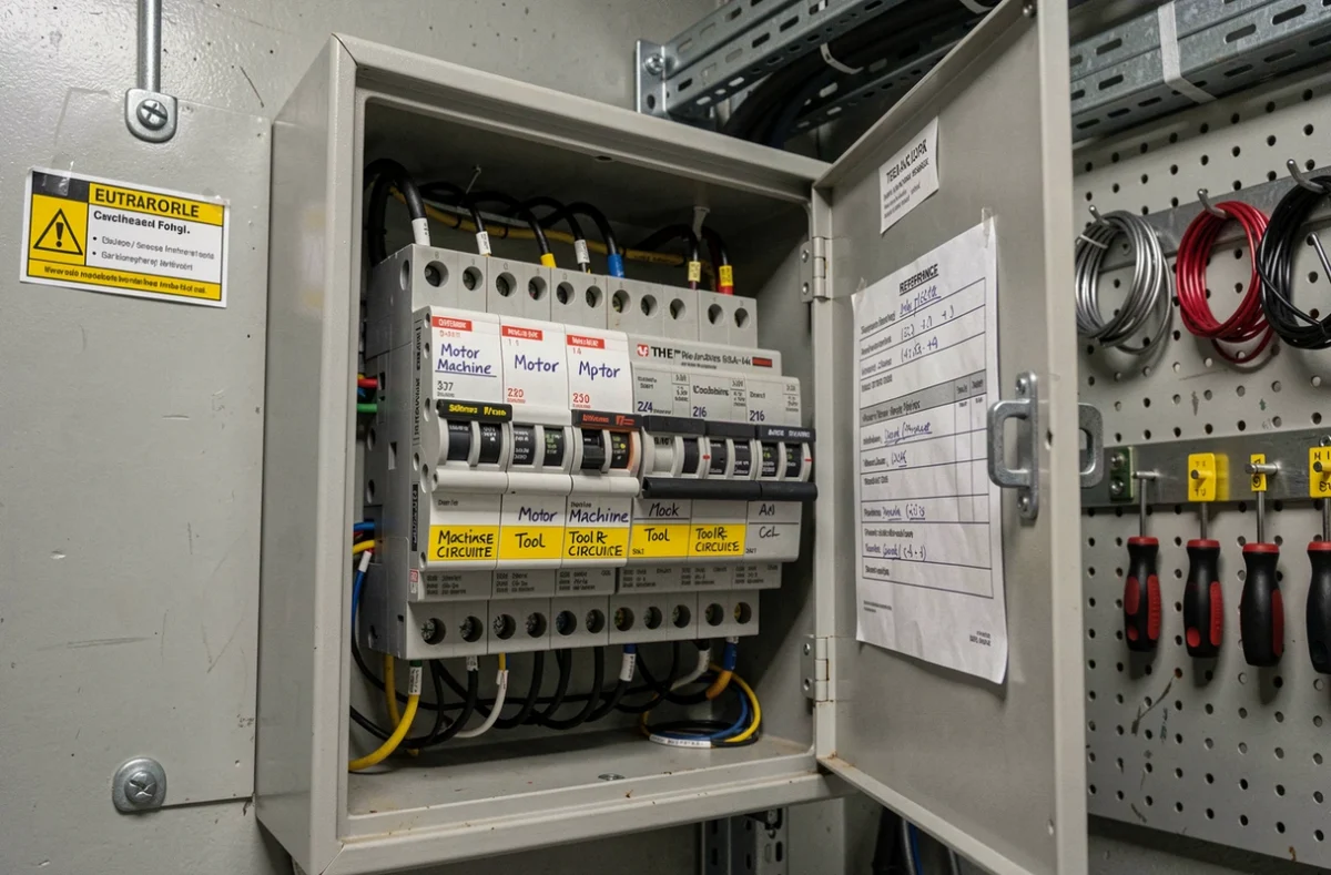 Gros plan sur un tableau électrique triphasé ouvert avec des disjoncteurs calibrés pour moteurs et machines