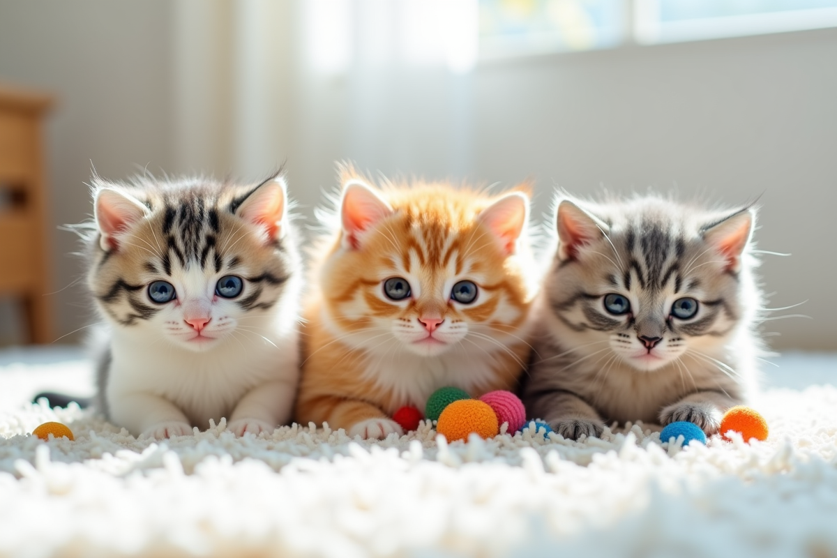 Groupe de chats nains avec jouets sur tapis blanc