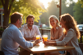 Groupe d'amis riant autour d'une table de café en plein air