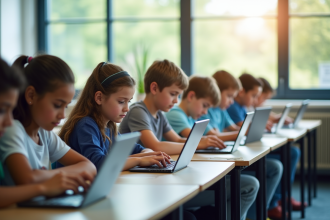 Groupe d'élèves au collège utilisant des ordinateurs en classe lumineuse