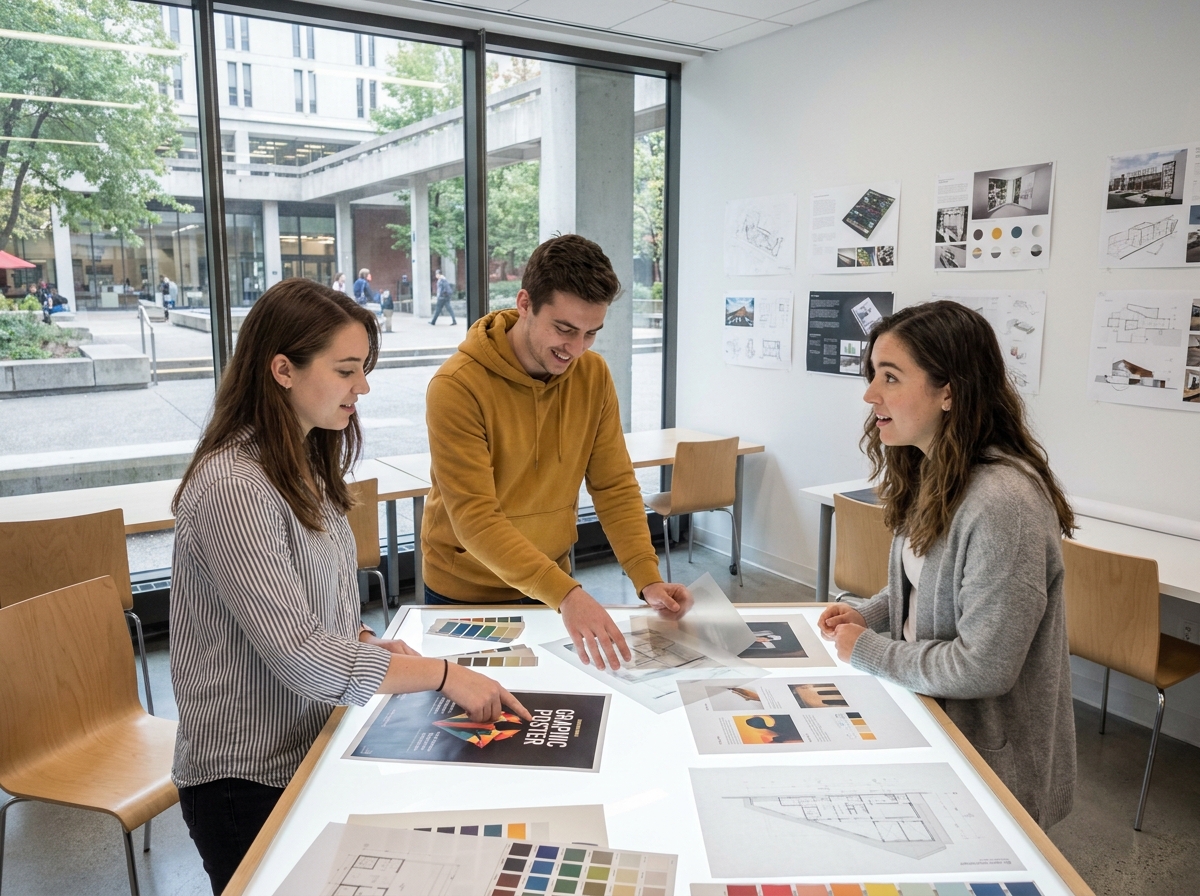 Groupe d'étudiants en design graphique discutant de maquettes d'affiches dans une salle de critique d'une école de design