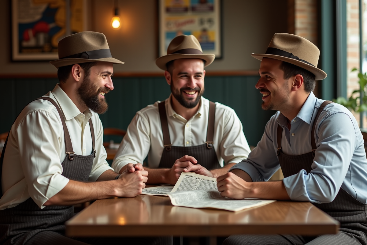 Trois hommes en vêtements vintage discutant dans un café