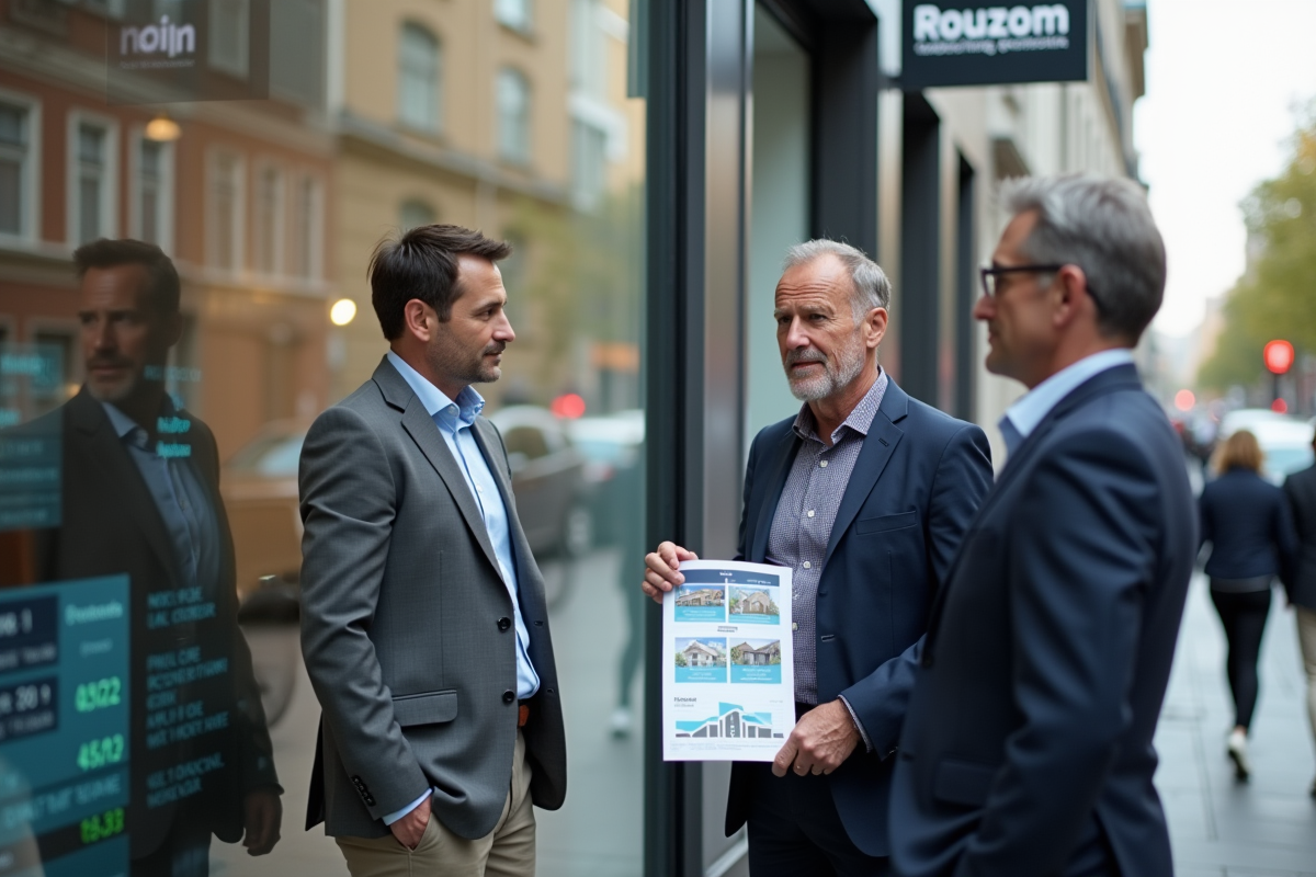 Groupe de professionnels discutant de projets immobiliers en extérieur