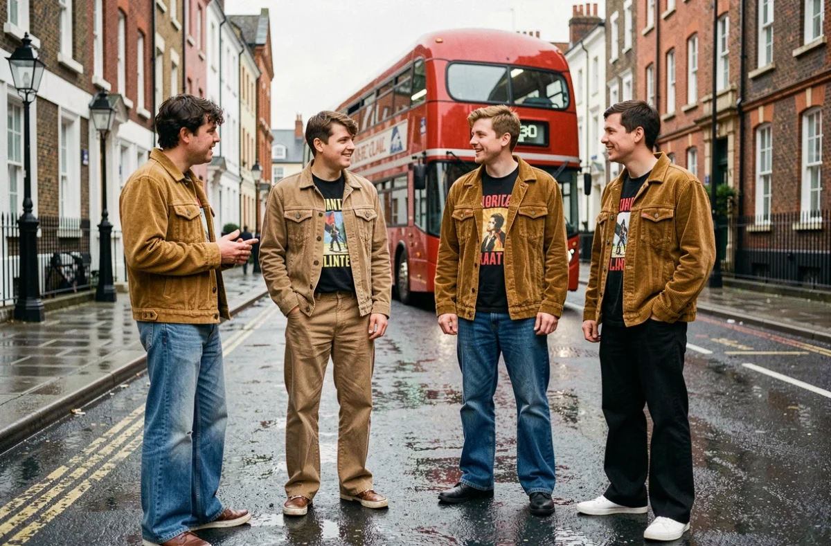 Groupe de rock anglais en tenues vintage inspirées des années 70 dans une rue londonnienne sous la pluie, influençant la mode et la culture pop