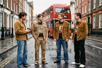 Groupe de rock anglais en tenues vintage inspirées des années 70 dans une rue londonnienne sous la pluie, influençant la mode et la culture pop