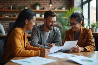 Groupe de professionnels adultes discutant du concept Tarenoi autour d'une table en bois dans un bureau moderne et créatif