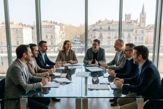 Groupe de professionnels en discussion à Montpellier