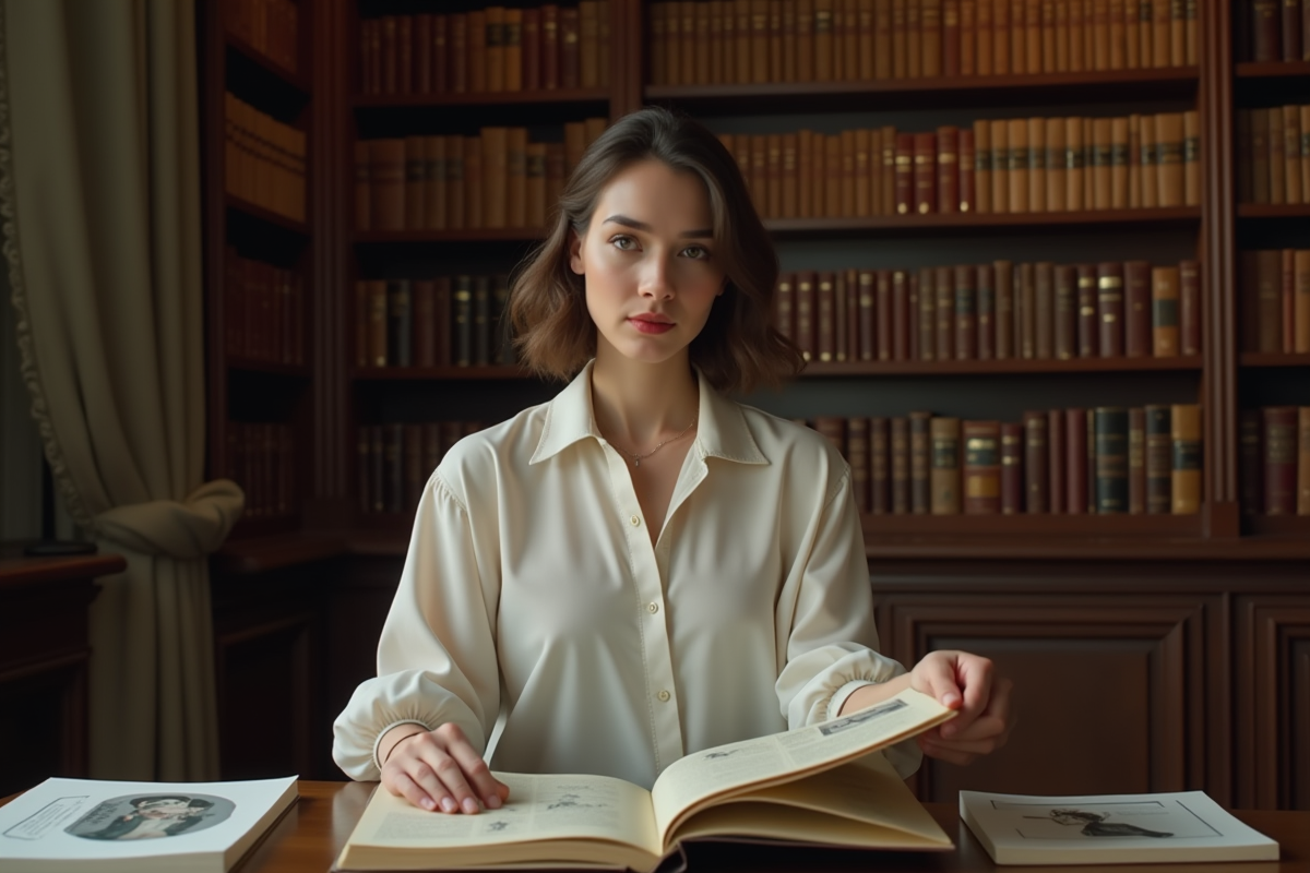 Jeune historienne de la mode dans une bibliothèque ancienne