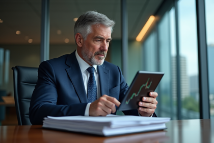Homme d'affaires en costume regardant un graphique boursier