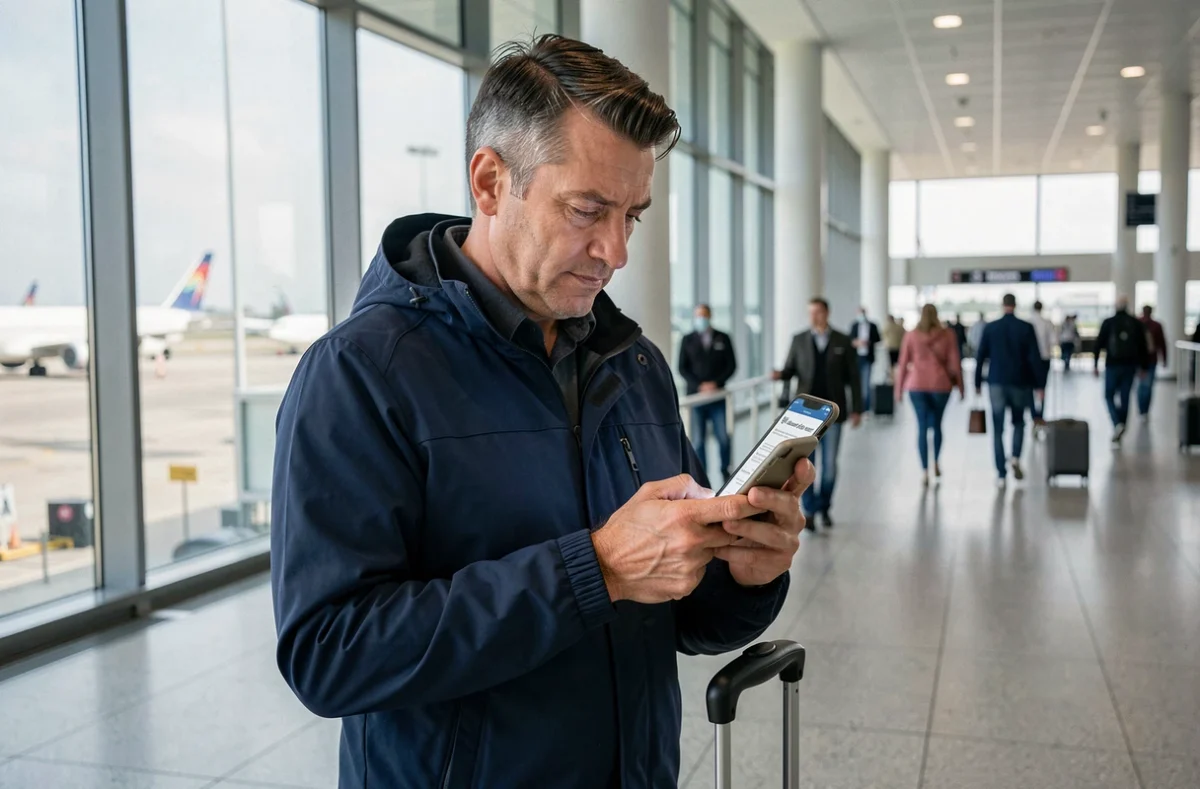 Homme souscrivant une assurance voyage sur smartphone dans un terminal d'aéroport