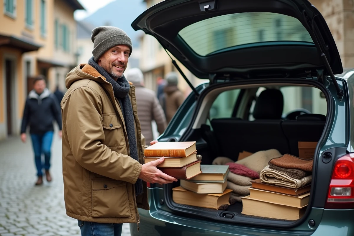 Homme chargeant des objets chinés dans le coffre de sa voiture après une visite réussie dans un vide grenier en Savoie