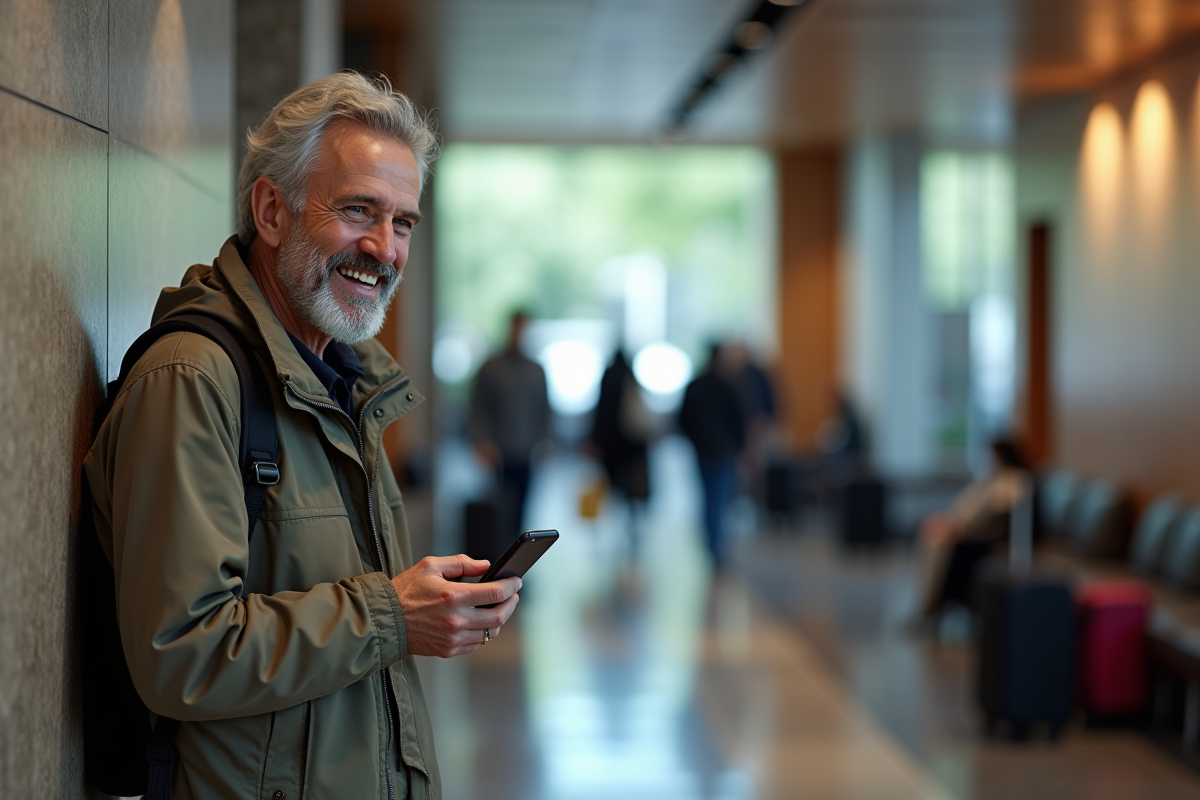 Homme souriant branche son chargeur dans un aéroport balinais