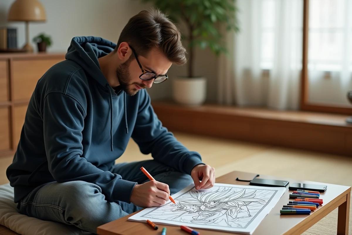 Homme adulte dessinant une scène épique Dragon Ball avec des marqueurs sur un coussin de sol