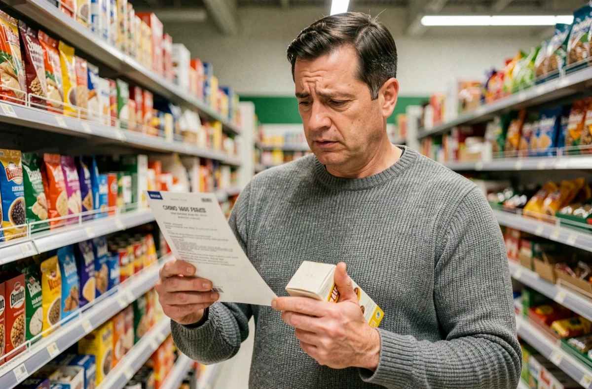 Homme confus lisant les conditions d'un coupon de réduction imprimé dans un supermarché