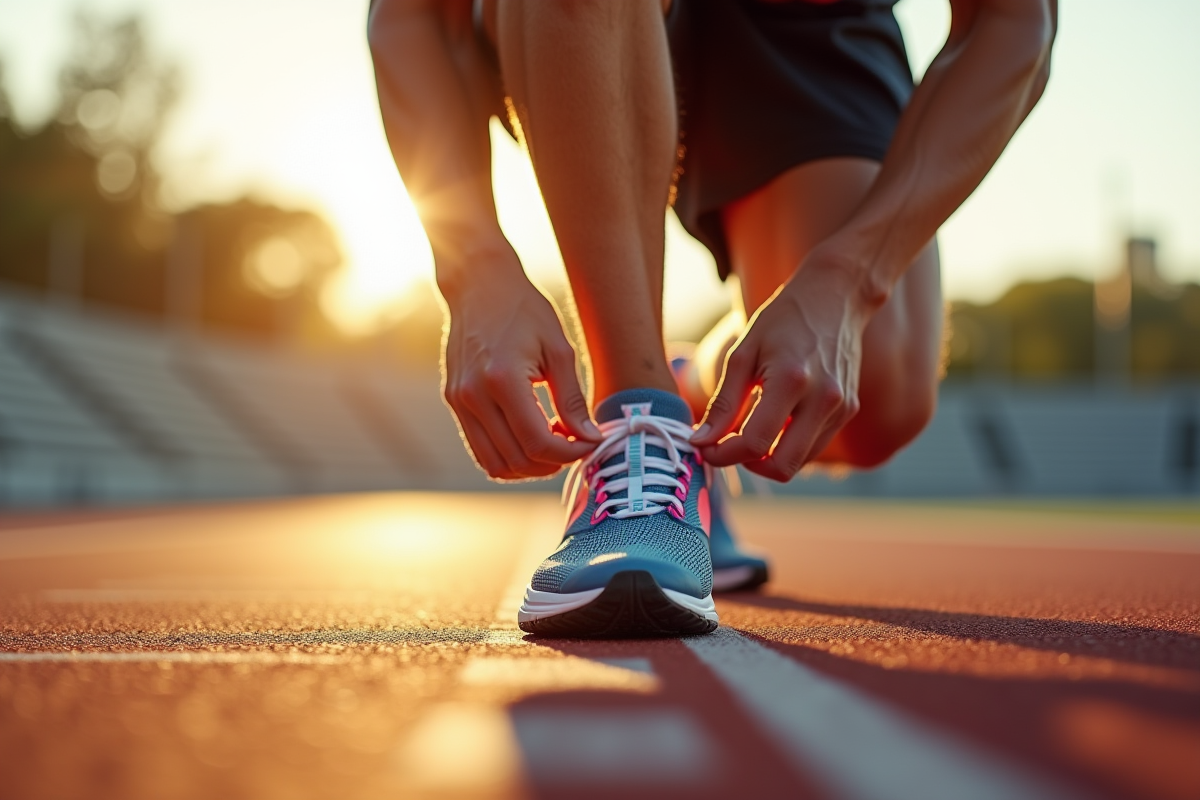 Homme courant en chaussant ses baskets sur piste en plein air