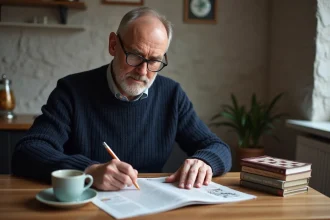 Homme d'âge moyen résolvant un sudoku au cozy chez lui