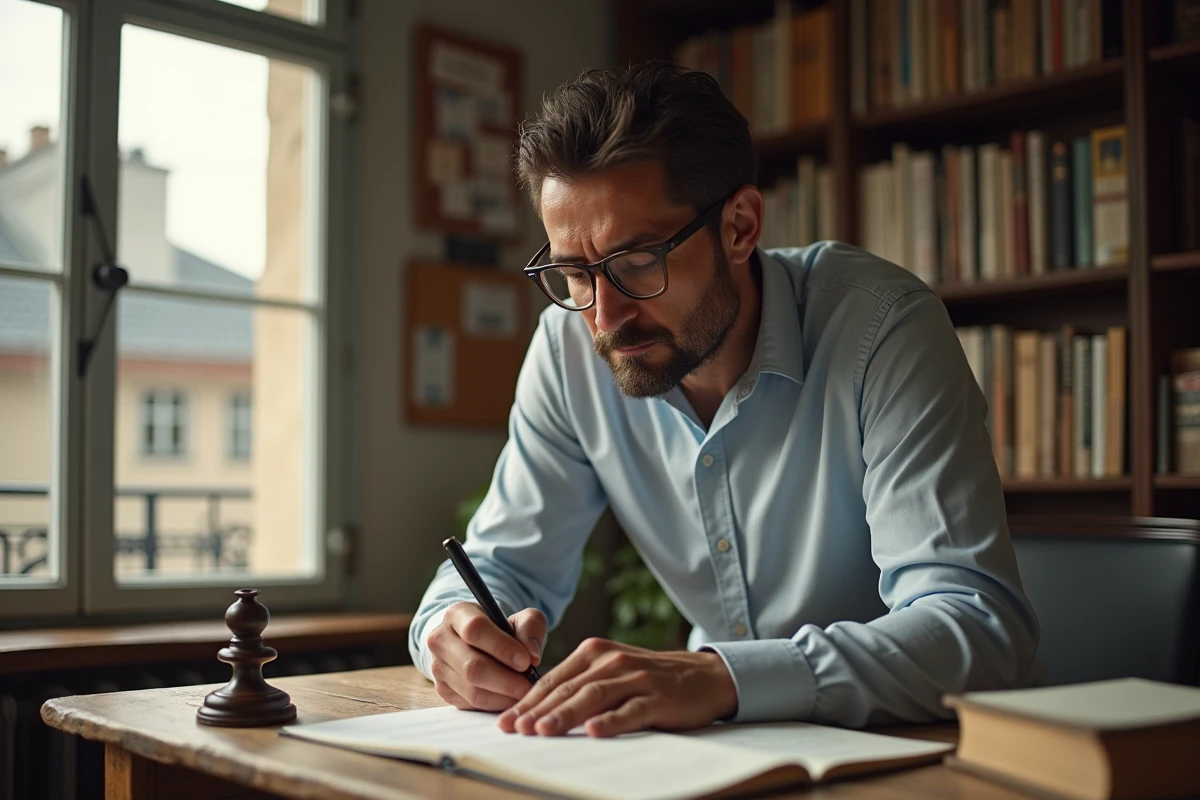 Homme français écrivant une lettre dans un bureau ensoleille