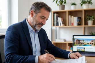 Homme français signant des documents de prêt immobilier